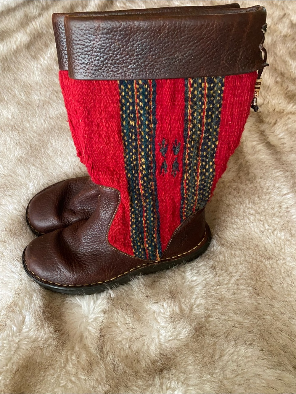 Born Tizoc Red and Brown Textile Leather Pull-On Boots